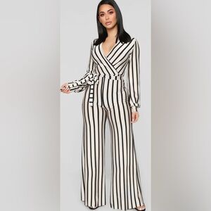 Wide leg belted Striped Jumpsuit